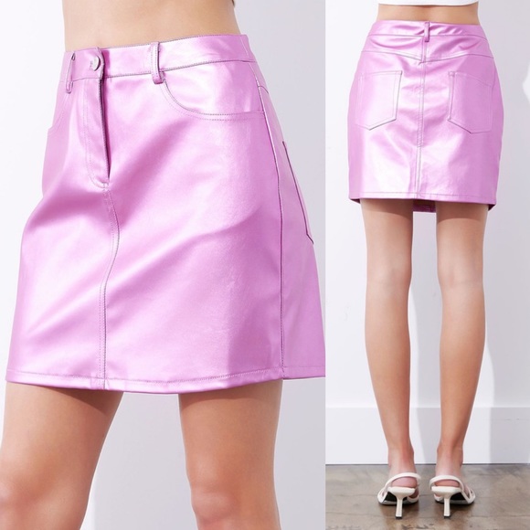 Metallic Pink Faux Leather Mini Skirt - Picture 2 of 4